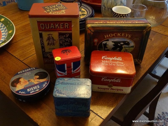 (DR) COLLECTIBLE VINTAGE TINS; TOTAL OF 6 INCLUDING HOCKEY'S FARM, HERSHEY'S KISSES, QUAKER OATS,