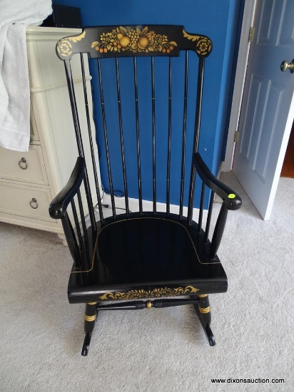(BR1) VINTAGE BLACK TOLE PAINTED WOODEN ROCKING CHAIR; DOWEL ROD BACK AND ARM SUPPORTS. MEASURES