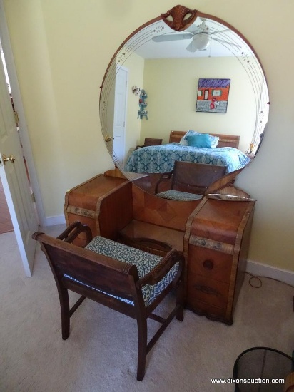 (BR2) VINTAGE ART DECO WATERFALL VANITY WITH LARGE ROUND MIRROR; MID CENTURY (MCM) PIECE, PART OF A