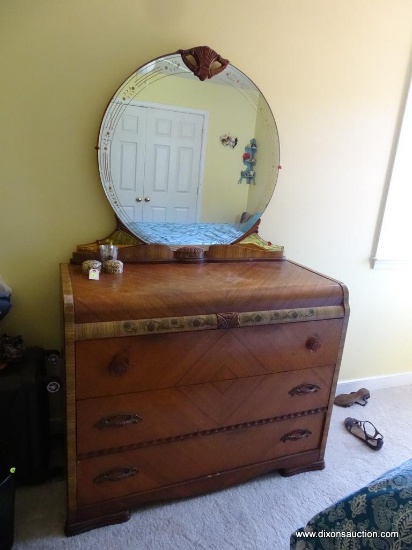 (BR2) VINTAGE ART DECO WATERFALL DRESSER WITH LARGE ROUND MIRROR; MID CENTURY (MCM) PIECE, PART OF A