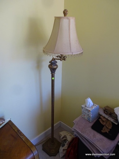(BR2) BRONZE COLORED FLOOR LAMP WITH BEADED LAMPSHADE; JOINTED ARM TO POSITION LIGHT WHERE YOU NEED
