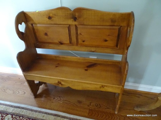 (LR) SMALL WOODEN HIGH BACK BENCH; MADE OF SOLID PINE WITH DOUBLE ARCHED TOP RAIL, BEVELED PANEL