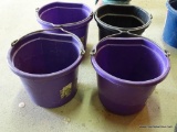 FLAT BACK BUCKETS; THIS LOT INCLUDES 3 PURPLE 20 QUART FLAT BACK FEED BUCKETS WITH METAL HANDLES.