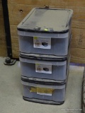 STACKABLE DRAWERS; BLACK & CLEAR THREE DRAWER UNIT MADE BY REAL ORGANISED. MODEL #SD-M. MEASURES 12