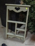 WOODEN WALL SHELF; SAGE GREEN RUSTIC PAINTED WALL SHELF WITH HEART CUT OUTS, 4 CUBBY HOLE DESIGN
