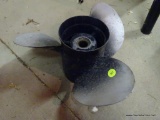 BOAT PROPELLER;BLACK METAL 3 BLADE PROPELLER. MEASURES 12 IN X 6.5 IN.