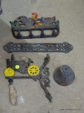 IRON WALL DECOR; THIS LOT INCLUDES 4 PIECES OF WALL DECOR. ONE IS A WALL HANGING DEPICTING 2
