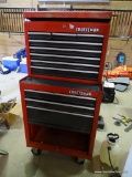 CRAFTSMAN METAL TOOL BOX; 2 PIECE RED AND BLACK METAL TOOL BOX. TOP SECTION HAS 8 LOCKING DRAWERS