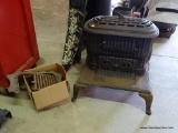 CAST IRON WOOD STOVE; ANTIQUE CAST IRON COLUMBUS WOOD BURNING HEATER STOVE. STAMPED 99 FRANKLIN.