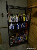 METAL STORAGE SHELF AND CONTENTS; 4 SHELF METAL STORAGE UNIT FILLED WITH ASSORTED CAR PRODUCTS SUCH