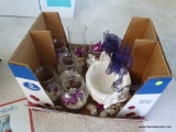 (BR4) WEDDING TABLE DECOR LOT; 6 CLEAR GLASS VASES, A SMALL WHITE BASKET, SEASHELLS, ARTIFICIAL