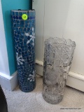 (BR4) PAIR OF TALL GLASS DECORATIVE VASES; ONE IS PATTERNED CUT GLASS AND OTHER IS BLUE TILED GLASS