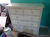 (BR4) WHITE PAINTED 5-DRAWER DRESSER; MADE IN ENGLAND, VERY STURDY. PAIR OF TANDEM DRAWER ON TOP ROW