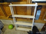 (GAR) 4 SHELF WOODEN PAINTED SHELF; FREE STANDING OR HANG ON A WALL. PAINTED WHITE, WITH 4 NARROW