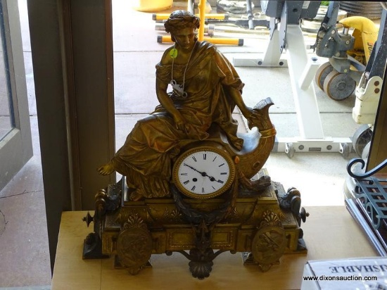 (FRONT) ADOREE BRONZE CLASSICAL FIGURAL CLOCK; DEPICTS A NEO-CLASSICAL WOMAN RESIDING ON A BENCH.