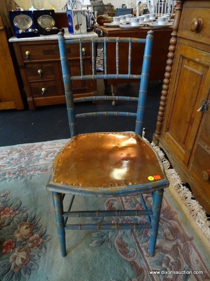 ANTIQUE SIDE CHAIR WITH COPPER PANEL SEAT; WOODEN FRAME WITH BAMBOO LIKE SPINDLED BACK RAIL, WITH A