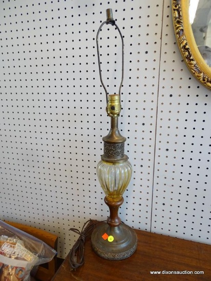 VINTAGE BRASS, WOOD, AND GLASS TABLE LAMP; PIERCED BORDER TRIM, FLUTED GLASS URN SHAPED PORTION IN