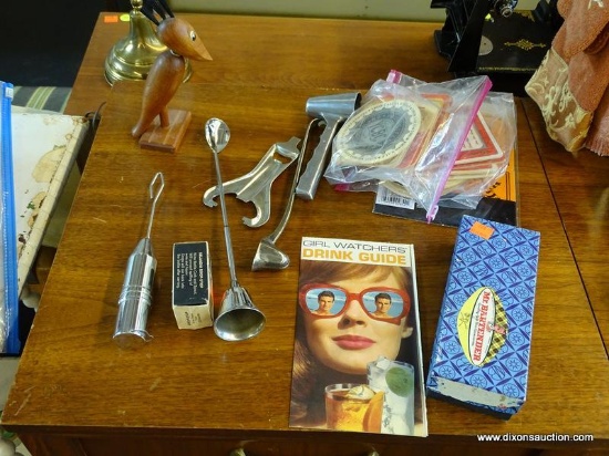 VINTAGE BARTENDING ACCESSORIES; INCLUDES LARGE ZIPLOC BAG OF ITEMS AS WELL AS "MR. BARTENDER" BOX