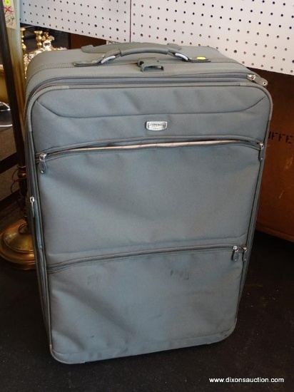 SAMBORO LARGE SAGE GREEN TRAVEL SUITCASE; EXCELLENT CONDITION, MEASURES 20 IN X 11 IN X 29 IN.