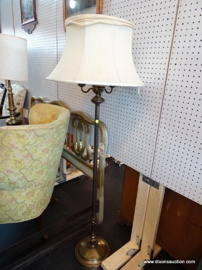 BRASS TRIPLE CANDLESTICK STYLE FLOOR LAMP; HAS HARP, FINIAL AND CREAM COLORED LAMPSHADE (TRIM NEEDS