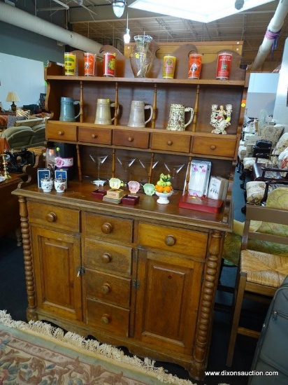 EARLY AMERICAN STYLE HUTCH AND BUFFET; 2 PIECES TOTAL. HAS A SCROLLING CREST ON THE HUTCH WITH 2