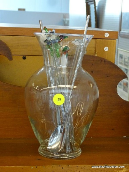 GLASS VASE WITH ASSORTED COCKTAIL SPOONS/STIRRERS; INCLUDES 10 STIRRING STICKS WITH ART GLASS