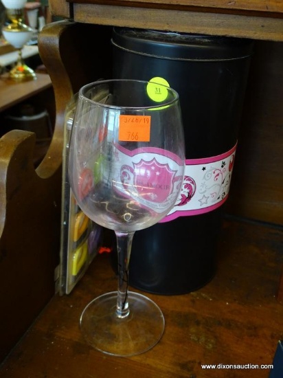 WINE GLASSES AND ACCESSORIES; INCLUDES A GLAMOUR WINE GLASS THAT HAS BEEN MONOGRAMMED WITH "G", A