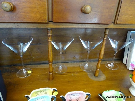 MARTINI GLASSES; SET OF 4, ALL ARE CLEAR GLASS, WITH LARGE MARTINI SHAPED GLOBES ATOP SLENDER