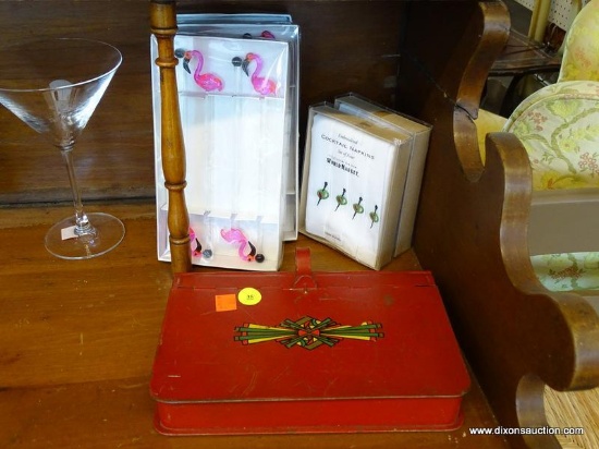 COCKTAIL AND NAPKIN ACCESSORIES; INCLUDES 3 BRAND NEW BOXES OF FLAMINGO ART GLASS STIRRING STICKS, 2