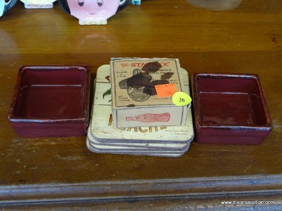 MISC LOT; INCLUDES 2 SQUARE MAROON COLORED POTTERY RAMEKINS, SET OF PIMPERNEL COASTERS, AND A