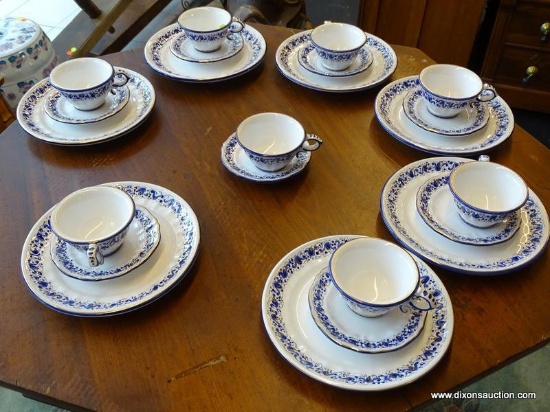 SET OF HAND PAINTED BLUE AND WHITE DINNERWARE; INCLUDES 7 DINNER PLATES, 8 CUPS, AND 8 SAUCERS. ALL
