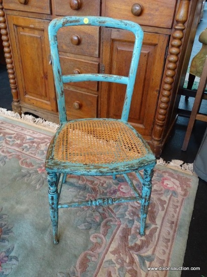 TEAL PAINTED DISTRESSED SIDE CHAIR WITH CANE PANEL SEAT; MEASURES 16 IN X 15 IN X 33 IN