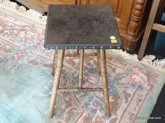 LEATHER TOPPED VINTAGE ACCENT TABLE/PLANT STAND; WITH RIVETED TRIM, BLACK COVERED SQUARE TOP PANEL