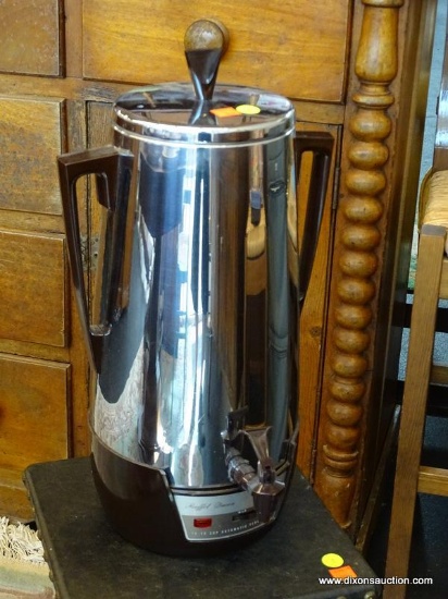 CORY "BUFFET QUEEN" PERCOLATOR; STAINLESS STEEL WITH BLACK TRIM, HAS DOUBLE HANDLES, LID, AND