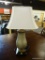 CONTEMPORARY URN STYLE TABLE LAMP WITH RECEPTACLES BUILT IN TO BASE; BALL FINIAL AT TOP, WITH OBLONG