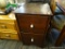 NIGHTSTAND; 2 DRAWER MAHOGANY NIGHTSTAND WITH PORCELAIN KNOB PULLS. MEASURES 18 IN X 21 IN X 30 IN