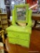 PAINTED SHAVING MIRROR AND DRAWERS; HAND PAINTED LIME GREEN MIRROR ON STANDS CONNECTED TO TWO SMALL