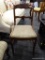 VINTAGE WOODEN SIDE CHAIR; FLORAL CARVED TOP RAIL WITH GREEN, BROWN,AND CREAM COLORED KNIT SEAT