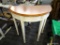 HALF-MOON SHAPED HALL TABLE WITH WOOD GRAIN TOP AND CREAM SPECKLED BASE; OFF WHITE IN COLOR (FACTORY