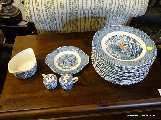 CURRIER & IVES BLUE TRANSFERWARE LOT; INCLUDES 14 DINNER PLATES, A GRAVY BOAT WITH UNDERPLATE, AND A