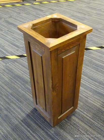 UMBRELLA HOLDER; PINE WOODEN UMBRELLA HOLDER WITH 4 RAISED PANEL SIDES. MEASURES 10 IN X 10 IN X 24