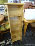 WOODEN TIERED SHELVING UNIT; NATURAL WOOD FREE STANDING 4 TIERED SHELVING UNIT WITH SCALLOPED SIDES.