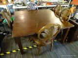 SQUARE DINING TABLE WITH CHAIRS; TABLE HAS SQUARE BLOCK STYLE FEET AND MEASURES 60 IN X 60 IN X 30