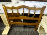 TWIN SIZE WOODEN HEADBOARD; VINTAGE HEADBOARD WITH SCALLOPED TOP , SPINDLE RAILS AND BLOCK LEGS.