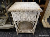 VINTAGE WICKER SIDE TABLE; FADED WHITE WICKER TABLE WITH SINGLE PULL OUT DRAWER, SCROLLING DETAIL
