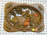 WOODEN WALL HANGING; VINTAGE 3D WALL HANGING THAT DEPICTS A MAN AND A LITTLE GIRL DRINKING FROM A