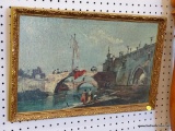 VINTAGE PRINT ON BOARD; THIS PRINT ON BOARD SHOWS A WATERWAY WITH PEOPLE ON THE BANK AND ON A STONE