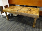 BENCHMADE WOODEN COFFEE TABLE; THIS RECTANGULAR TOP COFFEE TABLE HAS DIFFERENT COLORED STRIPES OF