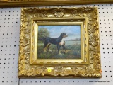 FRAMED OIL ON CANVAS; THIS PIECE DEPICTS A DOG STANDING IN THE GRASS WITH WATER IN THE BACKGROUND.