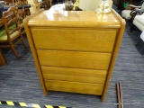 VINTAGE WOODEN CHEST OF DRAWERS; ROLLED TOP, 4 DRAWERS WITH ROUNDED CORNERS AND HIDDEN INDENTION ON